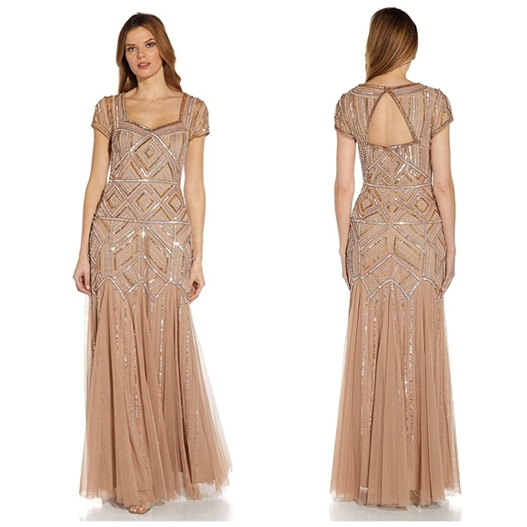Adrianna Papell Beaded Back-Cutout Gown - Rose Gold - Size 2 Adrianna Papell Beaded Back-Cutout Gown - Rose Gold - Size 2